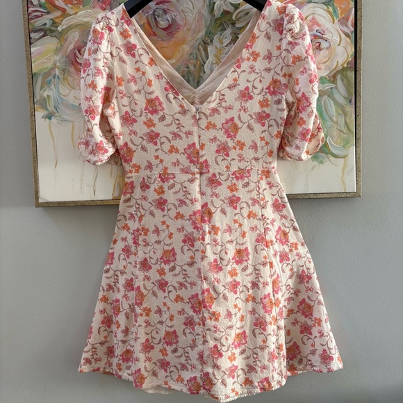 Tintoretto Linen Floral Dress White Pink Orange Short Sleeve V-Neck Size M - Picture 10 of 16